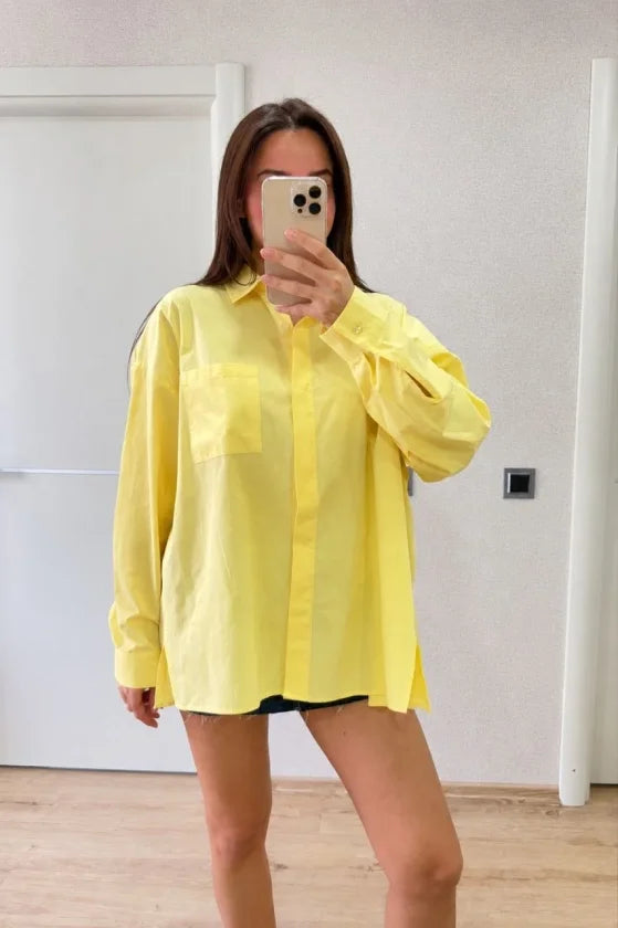 Oversize Pens Detaylı Cepli Yırtmaçlı Rahat Kalıp Poplin Gömlek - Sarı
