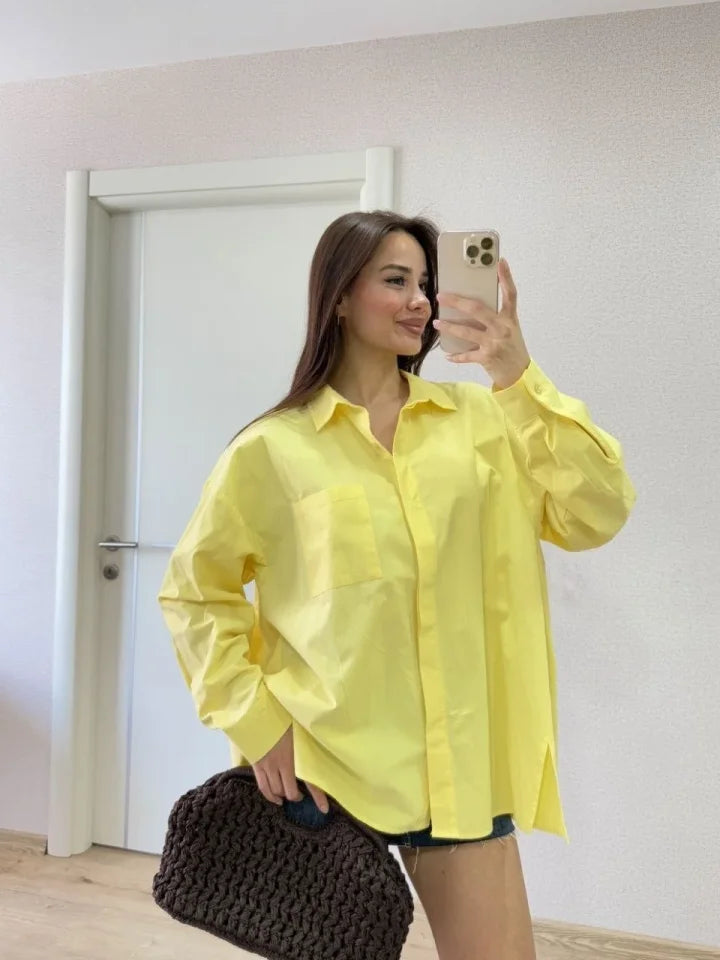 Oversize Pens Detaylı Cepli Yırtmaçlı Rahat Kalıp Poplin Gömlek - Sarı
