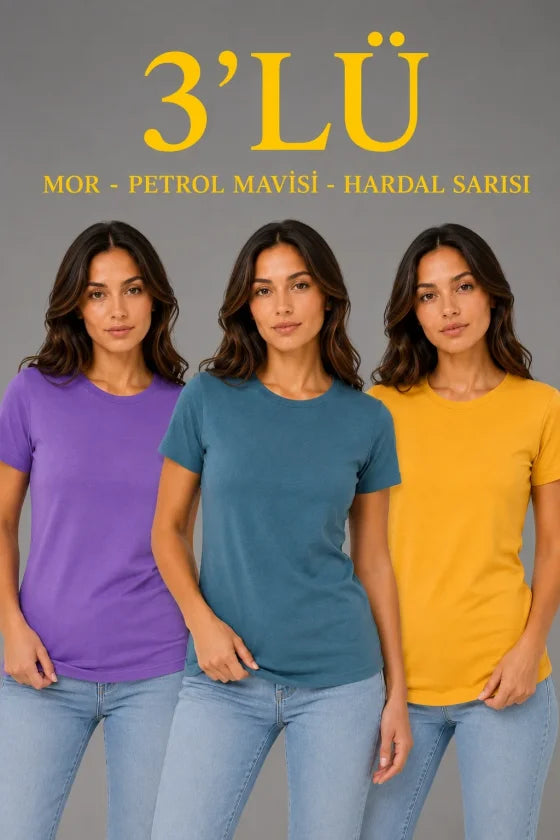 3’lü Kısa Kollu Bisiklet Yaka Basic Slim Fit T-Shirt - Mor - Petrol Mavisi - Hardal
