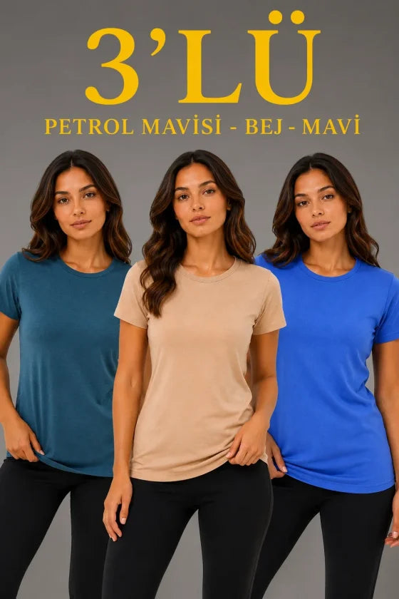 3’lü Kısa Kollu Bisiklet Yaka Basic Slim Fit T-Shirt -Petrol Mavisi - Bej - Mavi