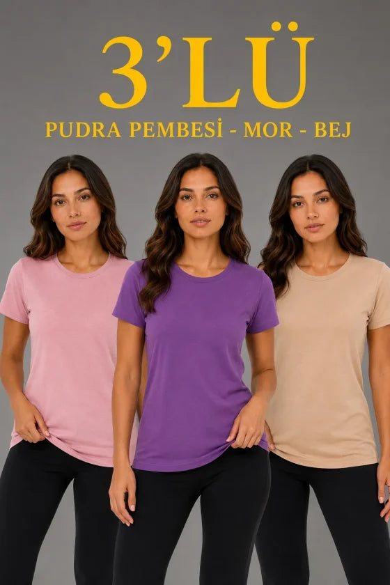 3’lü Kısa Kollu Bisiklet Yaka Basic Slim Fit T-Shirt - Pudra Pembe - Mor - Bej