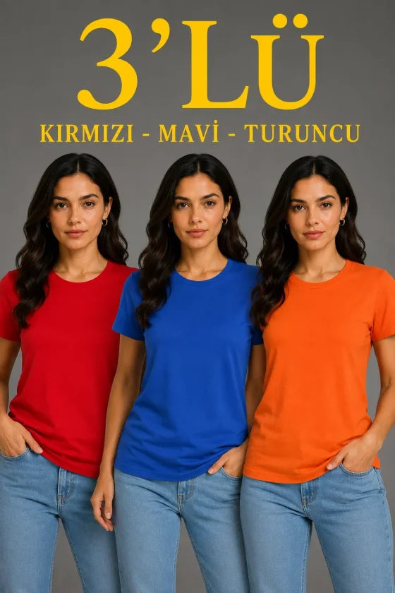 3’lü Kısa Kollu Bisiklet Yaka Basic Slim Fit T-Shirt - Kırmızı - Mavi - Turuncu