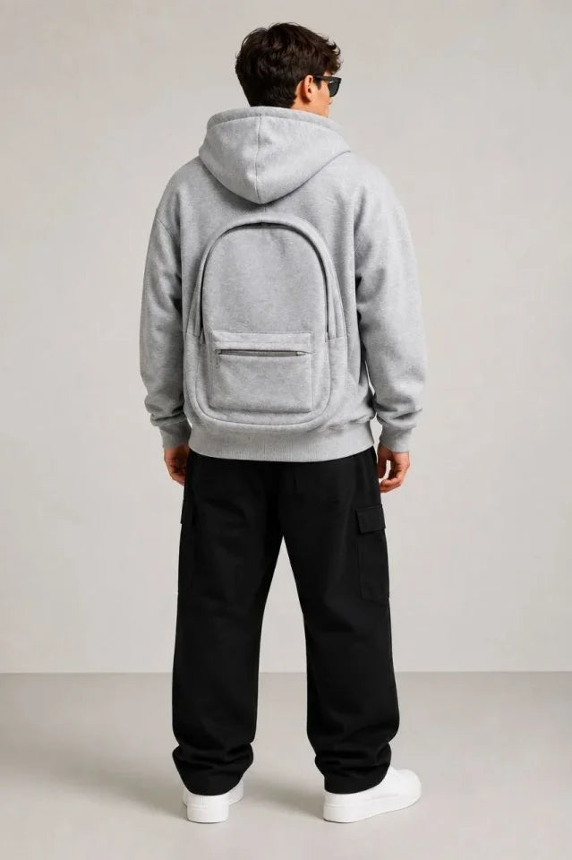 Erkek 3 İplik Şardonlu Tam Fermuarlı Kapüşonlu Arka Çanta Detaylı Sweatshirt - Gri