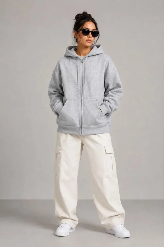 3 İplik Şardonlu Tam Fermuarlı Kapüşonlu Arka Çanta Detaylı Sweatshirt - Gri