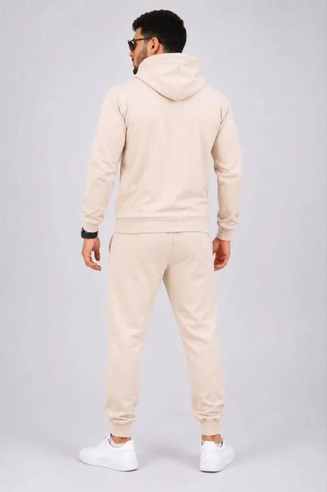 Erkek İki İplik Kapüşonlu Kanguru Cepli Sweatshirt Jogger Pantolon Alt Üst Eşofman Takımı -Bej
