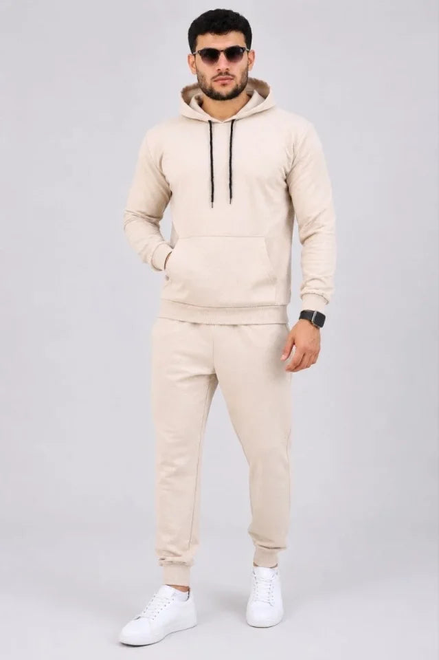 Erkek İki İplik Kapüşonlu Kanguru Cepli Sweatshirt Jogger Pantolon Alt Üst Eşofman Takımı -Bej