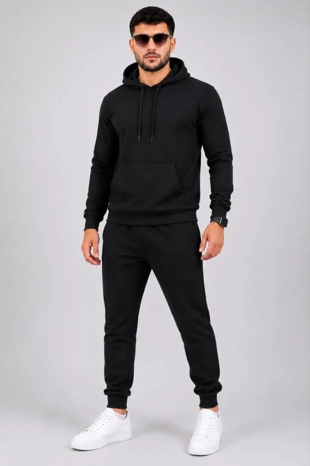 Erkek İki İplik Kapüşonlu Kanguru Cepli Sweatshirt Jogger Pantolon Alt Üst Eşofman Takımı -Siyah