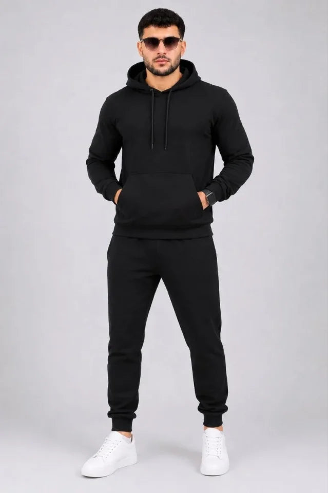 Erkek İki İplik Kapüşonlu Kanguru Cepli Sweatshirt Jogger Pantolon Alt Üst Eşofman Takımı -Siyah