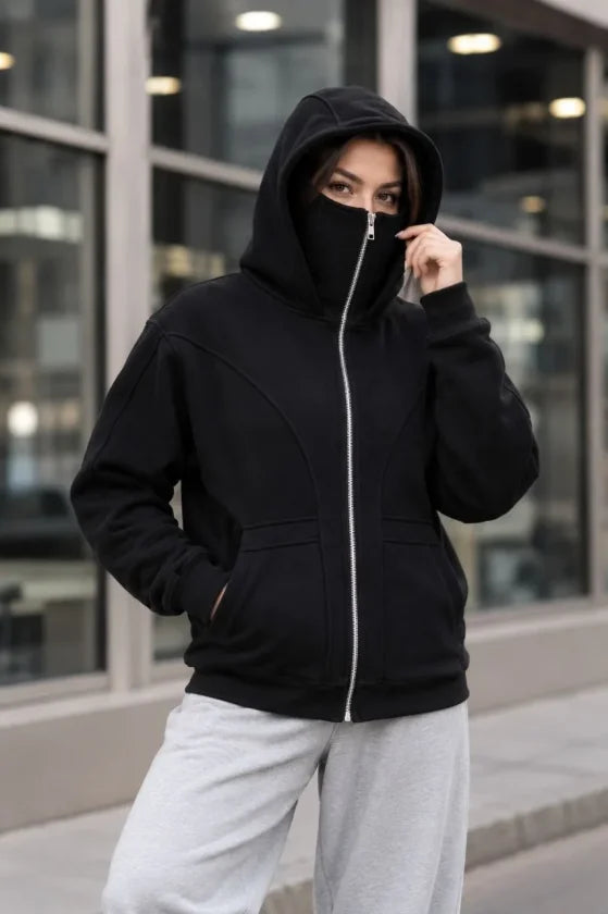 Maskeli Ninja Model Çift Kapüşonlu 3 İplik Şardonlu Fermuarlı Oversize Sweatshirt - Siyah