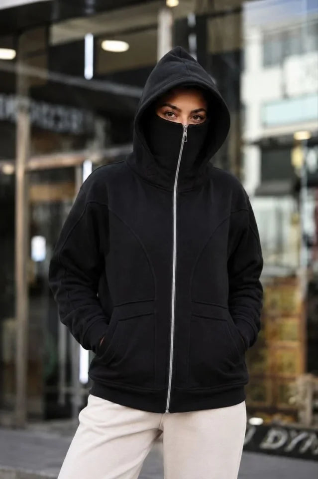 Maskeli Ninja Model Çift Kapüşonlu 3 İplik Şardonlu Fermuarlı Oversize Sweatshirt - Siyah