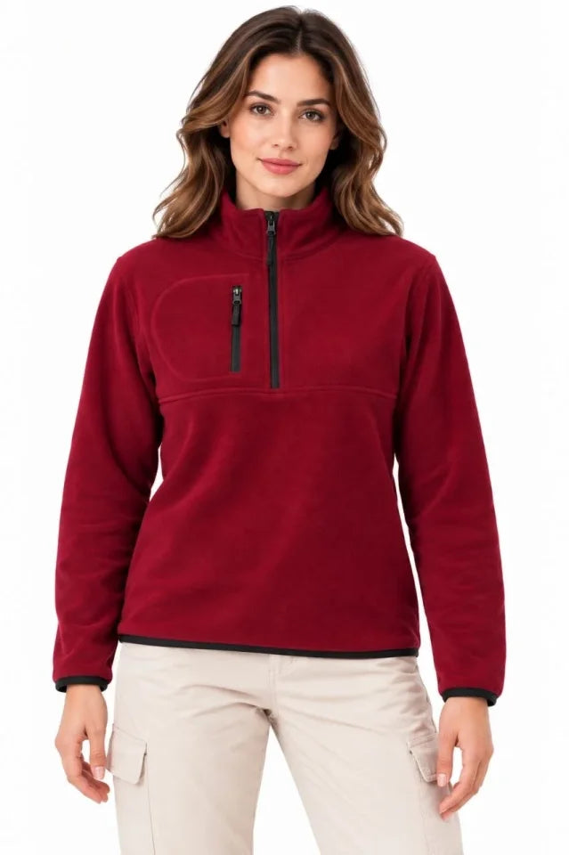 Polar Dik Yaka Yarım Fermuarlı Fermuarlı Göğüs Cepli Regular Fit Kışlık Sweatshirt - Bordo