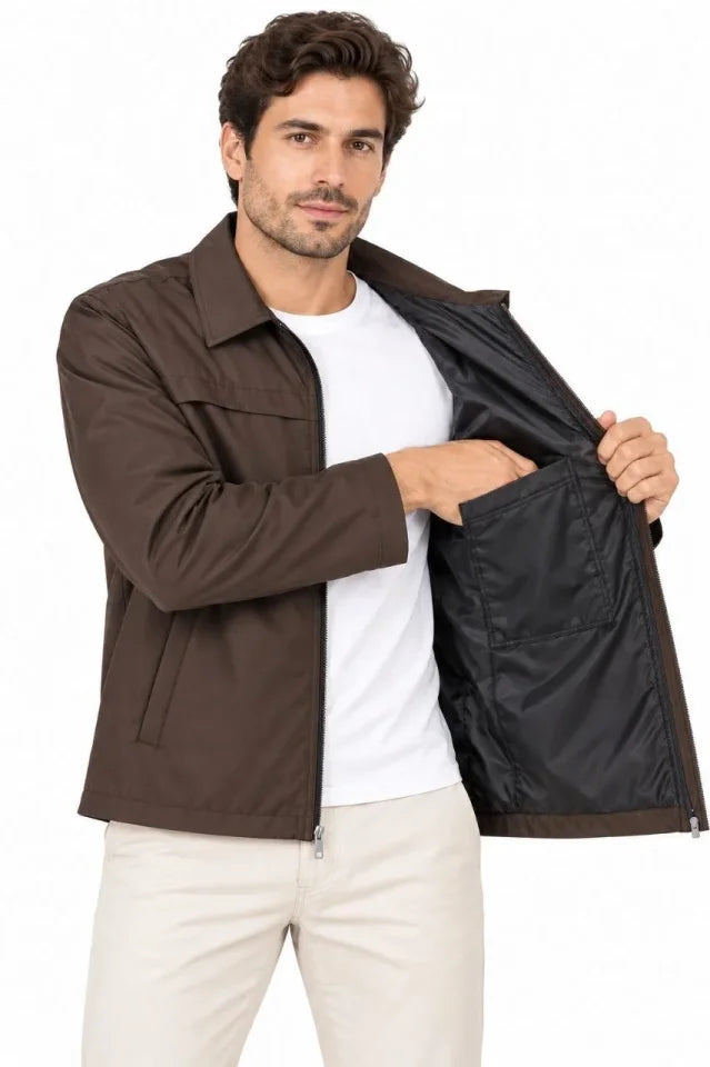 Erkek Su İtici Rüzgar Keser Astarlı Tam Fermuarlı 4 Mevsim Regular Fit Mont Ceket - Kahverengi