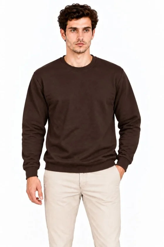 Erkek Bisiklet Yaka İçi Şardonlu 2 İplik Düz Uzun Kollu Regular Fit Sweatshirt - Kahverengi