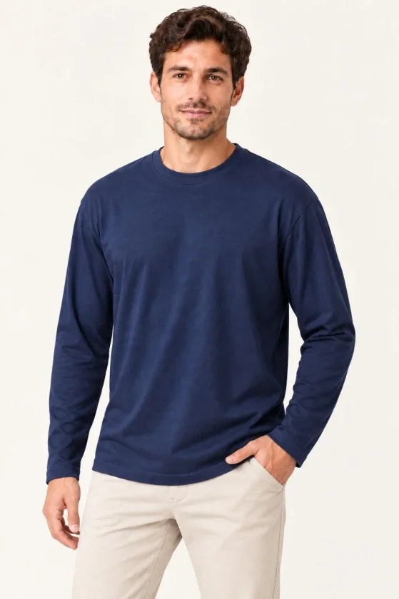 Erkek Modal Yumuşak Dokulu Bisiklet Yaka Uzun Kollu Tişört Sweatshirt - Lacivert