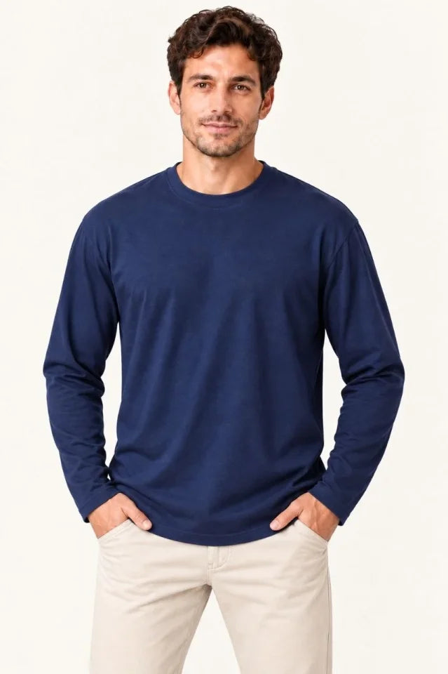 Erkek Modal Yumuşak Dokulu Bisiklet Yaka Uzun Kollu Tişört Sweatshirt - Lacivert