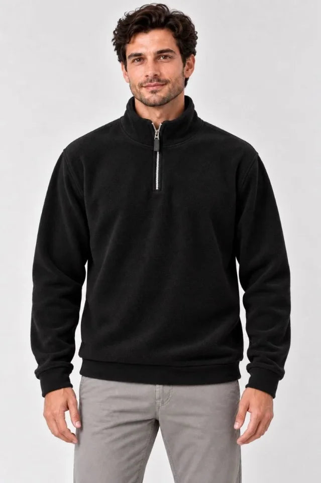 Erkek Polar Dik Yaka Yarım Fermuarlı Uzun Kollu Regular Fit Kışlık Sweatshirt - Siyah