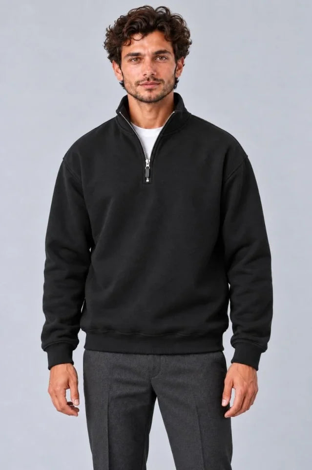 Erkek Üç İplik İçi Şardonlu Dik Yaka Yarım Fermuarlı Kışlık Sweatshirt - Siyah