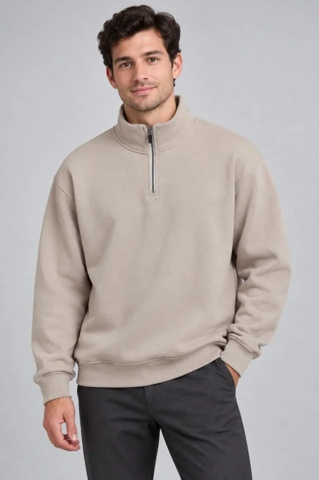 Erkek Üç İplik İçi Şardonlu Dik Yaka Yarım Fermuarlı Kışlık Sweatshirt - Bej