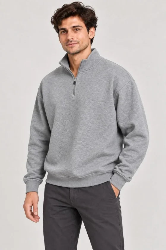 Erkek Üç İplik İçi Şardonlu Dik Yaka Yarım Fermuarlı Kışlık Sweatshirt - Grİ