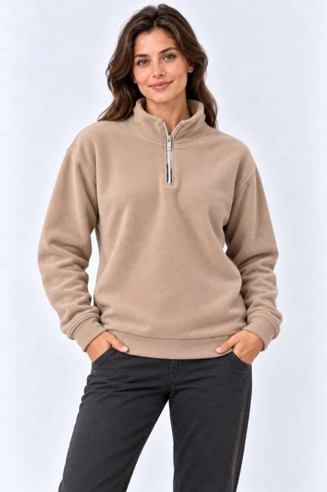 Polar Dik Yaka Yarım Fermuarlı Uzun Kollu Regular Fit Kışlık Sweatshirt - Bej