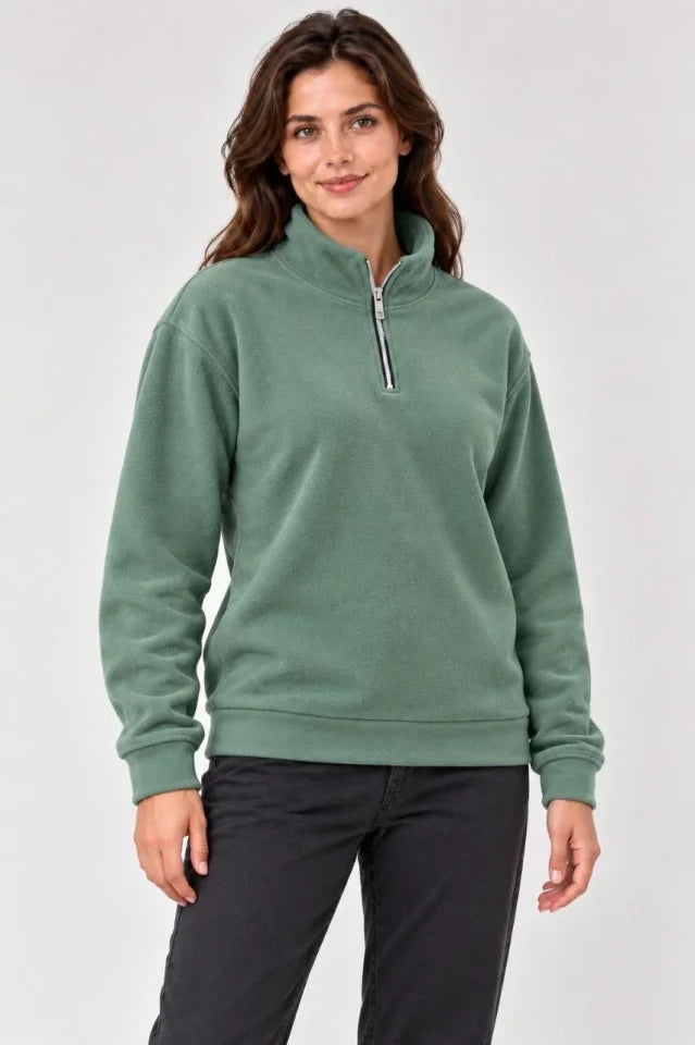 Polar Dik Yaka Yarım Fermuarlı Uzun Kollu Regular Fit Kışlık Sweatshirt - Mint Yeşili