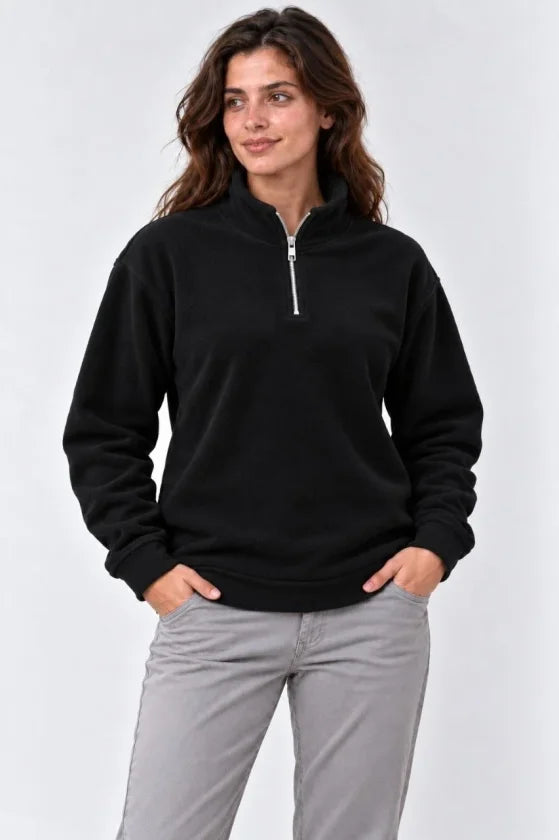Polar Dik Yaka Yarım Fermuarlı Uzun Kollu Regular Fit Kışlık Sweatshirt - Siyah