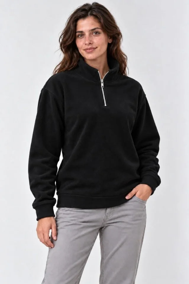 Polar Dik Yaka Yarım Fermuarlı Uzun Kollu Regular Fit Kışlık Sweatshirt - Siyah