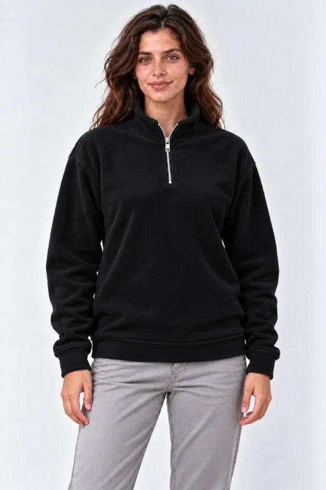 Polar Dik Yaka Yarım Fermuarlı Uzun Kollu Regular Fit Kışlık Sweatshirt - Siyah
