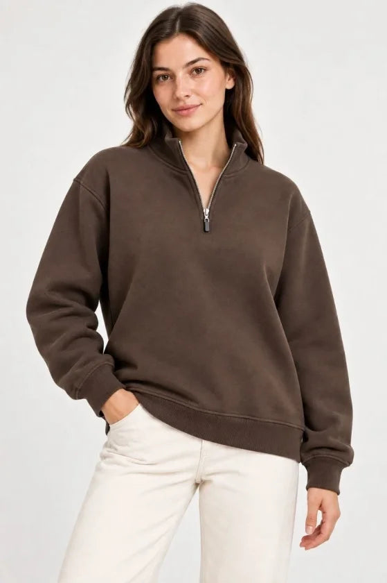 Üç İplik İçi Şardonlu Dik Yaka Yarım Fermuarlı Kışlık Sweatshirt - Kahverengi