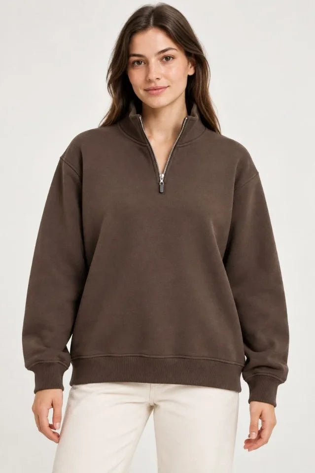 Üç İplik İçi Şardonlu Dik Yaka Yarım Fermuarlı Kışlık Sweatshirt - Kahverengi