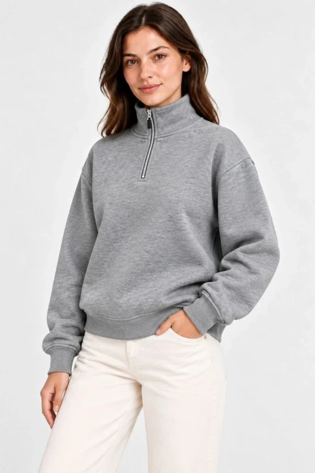 Üç İplik İçi Şardonlu Dik Yaka Yarım Fermuarlı Kışlık Sweatshirt - Grİ