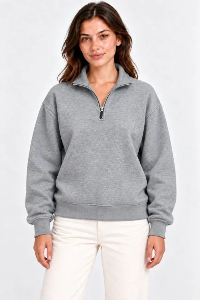 Üç İplik İçi Şardonlu Dik Yaka Yarım Fermuarlı Kışlık Sweatshirt - Grİ