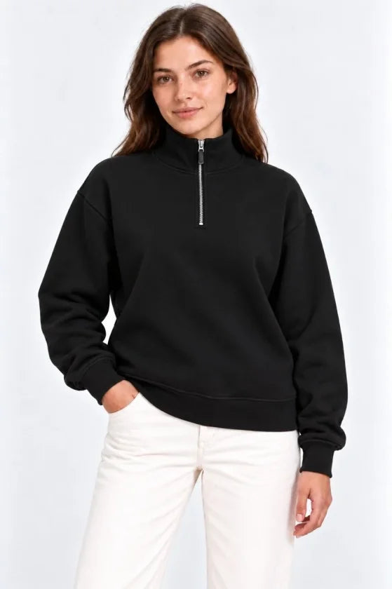 Üç İplik İçi Şardonlu Dik Yaka Yarım Fermuarlı Kışlık Sweatshirt - Siyah