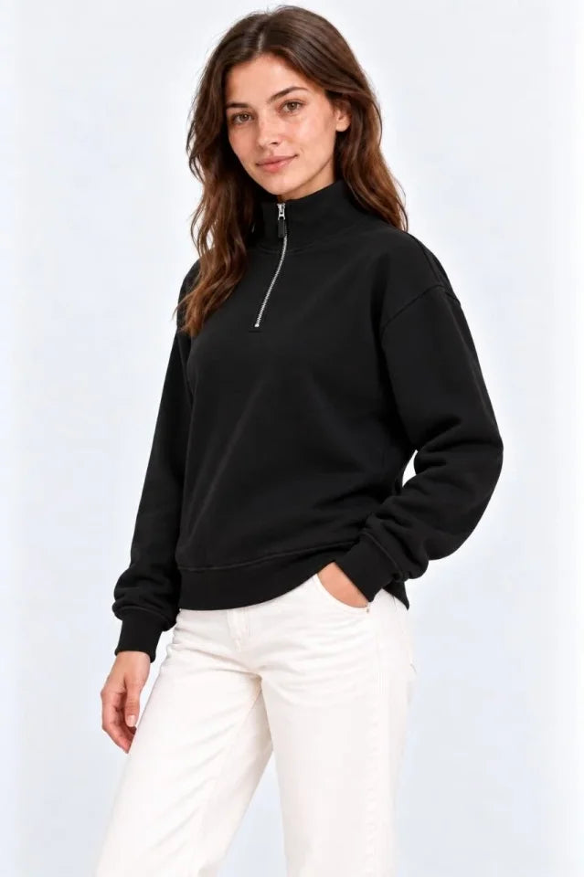 Üç İplik İçi Şardonlu Dik Yaka Yarım Fermuarlı Kışlık Sweatshirt - Siyah