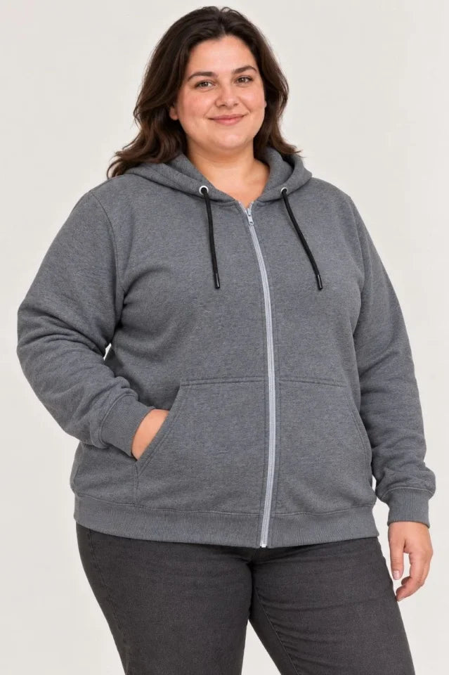 Battal Büyük Beden Üç İplik İçi Şardonlu Kapüşonlu Tam Fermuarlı Kışlık Sweatshirt - Füme