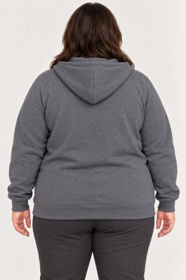 Battal Büyük Beden Üç İplik İçi Şardonlu Kapüşonlu Tam Fermuarlı Kışlık Sweatshirt - Füme