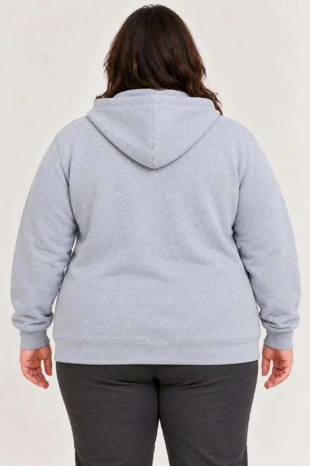 Battal Büyük Beden Üç İplik İçi Şardonlu Kapüşonlu Tam Fermuarlı Kışlık Sweatshirt - Gri
