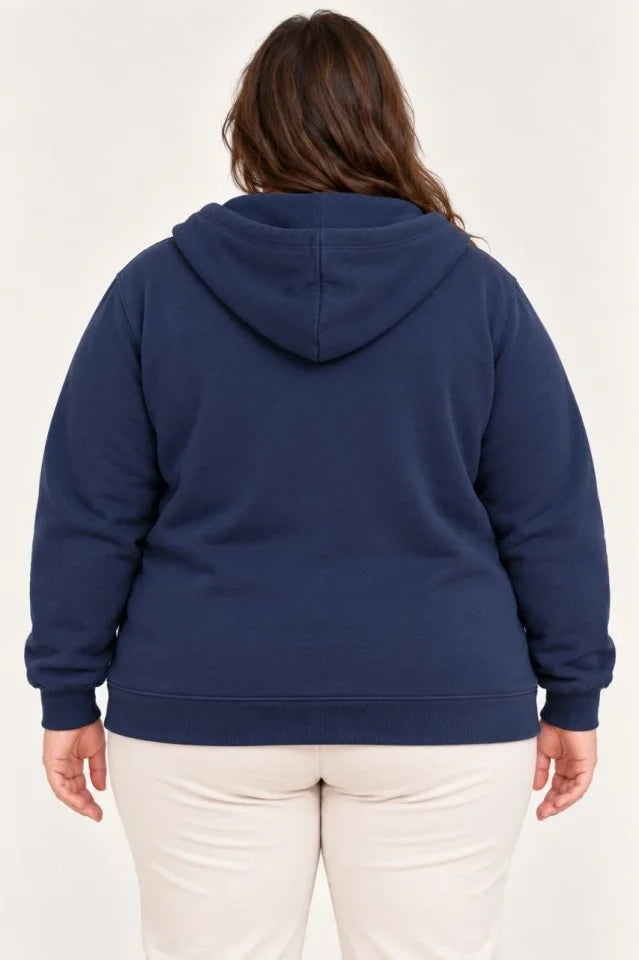 Battal Büyük Beden Üç İplik İçi Şardonlu Kapüşonlu Tam Fermuarlı Kışlık Sweatshirt - Lacivert
