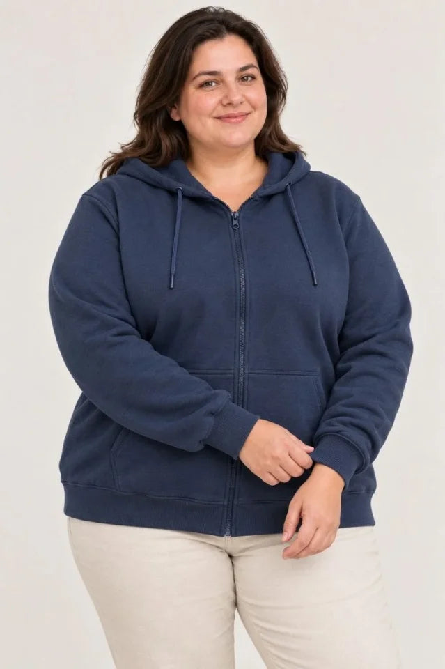 Battal Büyük Beden Üç İplik İçi Şardonlu Kapüşonlu Tam Fermuarlı Kışlık Sweatshirt - Lacivert