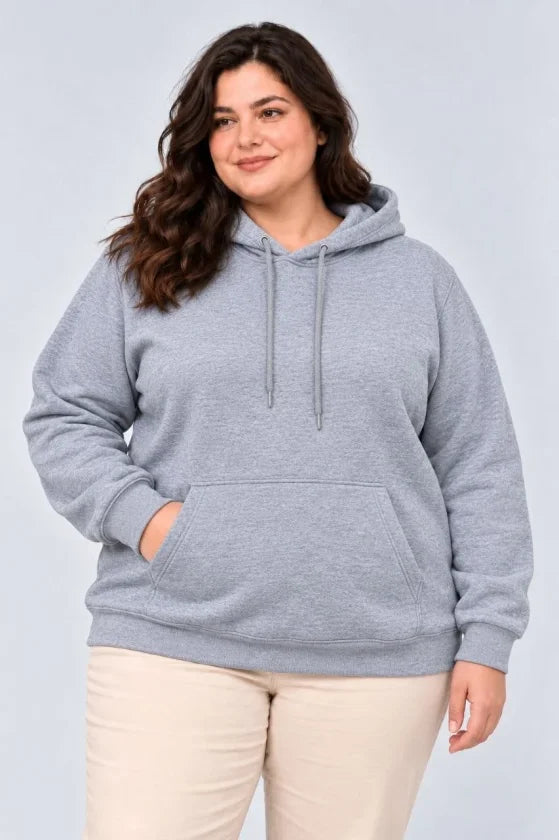 Battal Büyük Beden Üç İplik İçi Şardonlu Kapüşonlu Kanguru Cepli Kışlık Sweatshirt - Gri