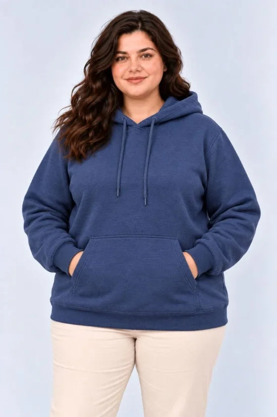 Battal Büyük Beden Üç İplik İçi Şardonlu Kapüşonlu Kanguru Cepli Kışlık Sweatshirt - Lacivert