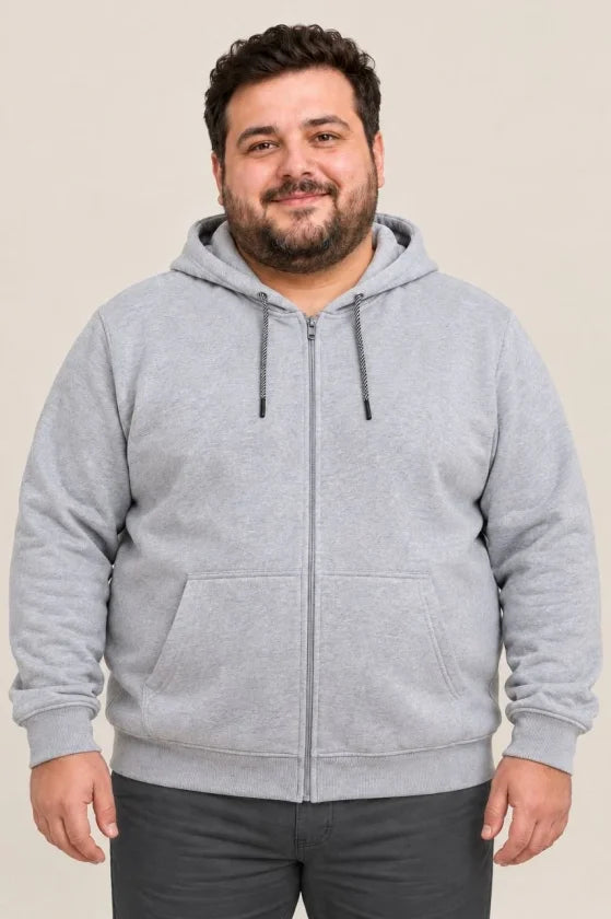 Erkek Battal Büyük Beden Üç İplik İçi Şardonlu Kapüşonlu Tam Fermuarlı Kışlık Sweatshirt - Gri