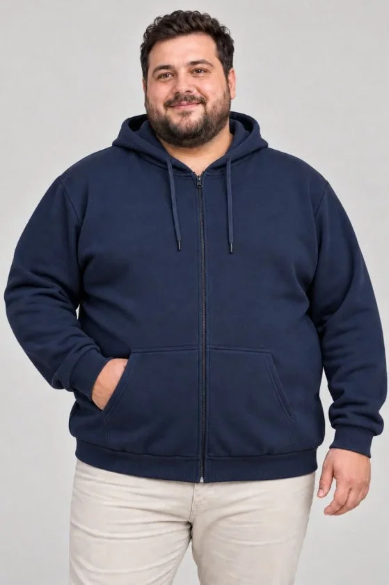 Erkek Battal Büyük Beden Üç İplik İçi Şardonlu Kapüşonlu Tam Fermuarlı Kışlık Sweatshirt - Lacivert