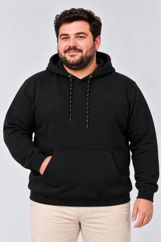 Erkek Battal Büyük Beden Üç İplik İçi Şardonlu Kapüşonlu Kanguru Cepli Kışlık Sweatshirt - Siyah