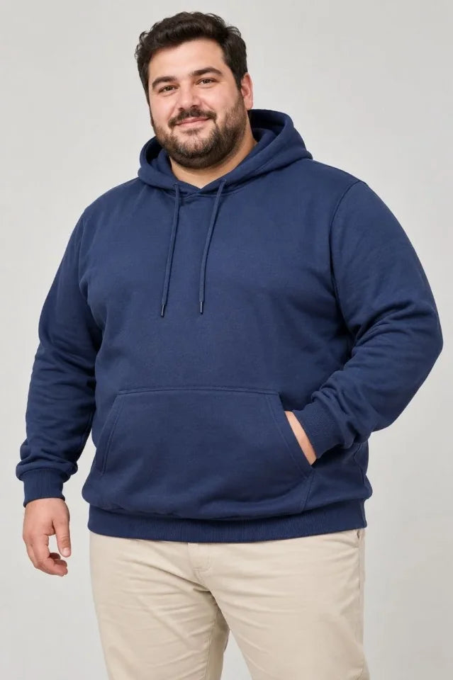 Erkek Battal Büyük Beden Üç İplik İçi Şardonlu Kapüşonlu Kanguru Cepli Kışlık Sweatshirt - Lacivert