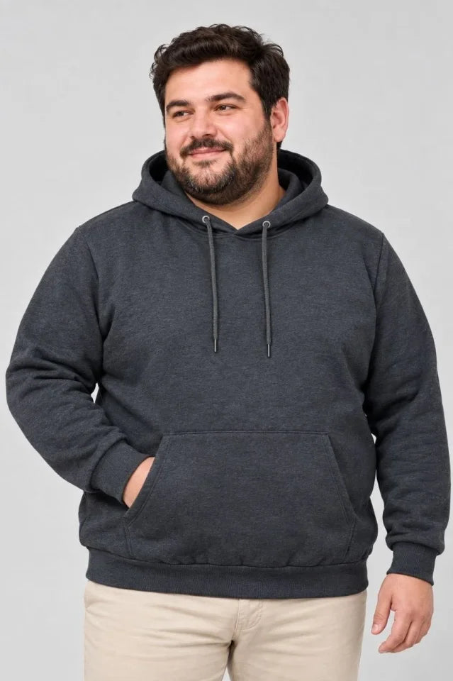 Erkek Battal Büyük Beden Üç İplik İçi Şardonlu Kapüşonlu Kanguru Cepli Kışlık Sweatshirt - Füme