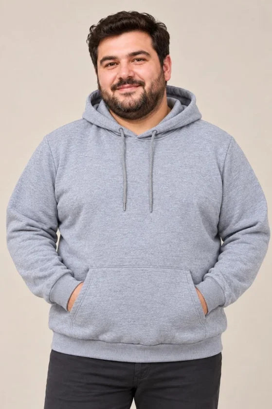 Erkek Battal Büyük Beden Üç İplik İçi Şardonlu Kapüşonlu Kanguru Cepli Kışlık Sweatshirt - Gri