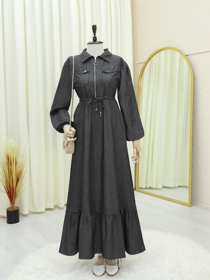 Tünel Bağcıklı Yarım Fermuarlı Cepli Kot Elbise -Antrasit