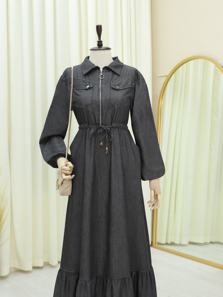 Tünel Bağcıklı Yarım Fermuarlı Cepli Kot Elbise -Antrasit