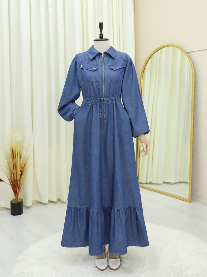 Tünel Bağcıklı Yarım Fermuarlı Cepli Kot Elbise -İndigo